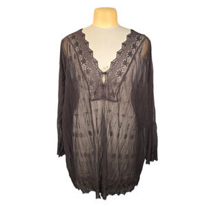 Avenue Plus Size 30/32 Brown‎ Embroidered Sheer V-Neck Tunic Blouse Top